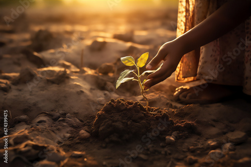 a girl planted a young plant in a barren land, long shot view, wide view, sunlight, dramatic light and shadows
