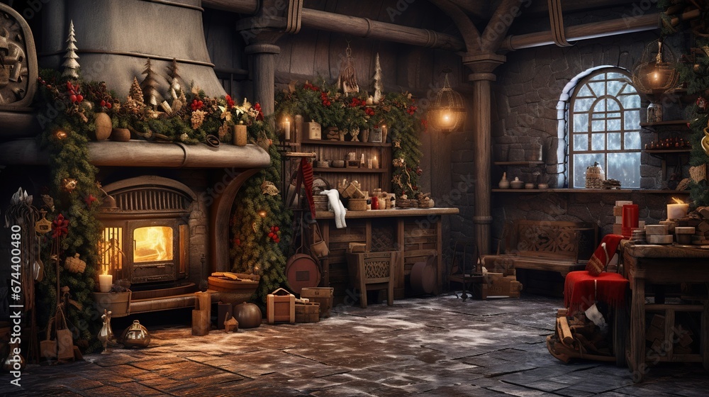 Generative AI, Christmas interior rural background, Santa Claus rustic workshop.