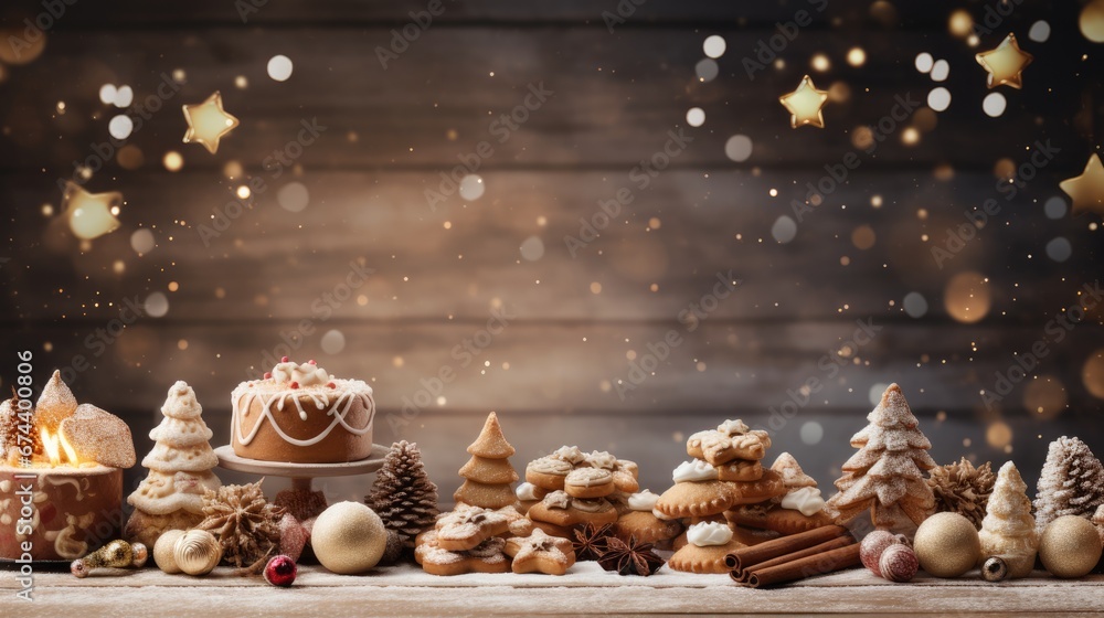 Obraz premium Christmas baked gingerbread cookies decorated with festive icing on desk. Holiday homemade sweets.