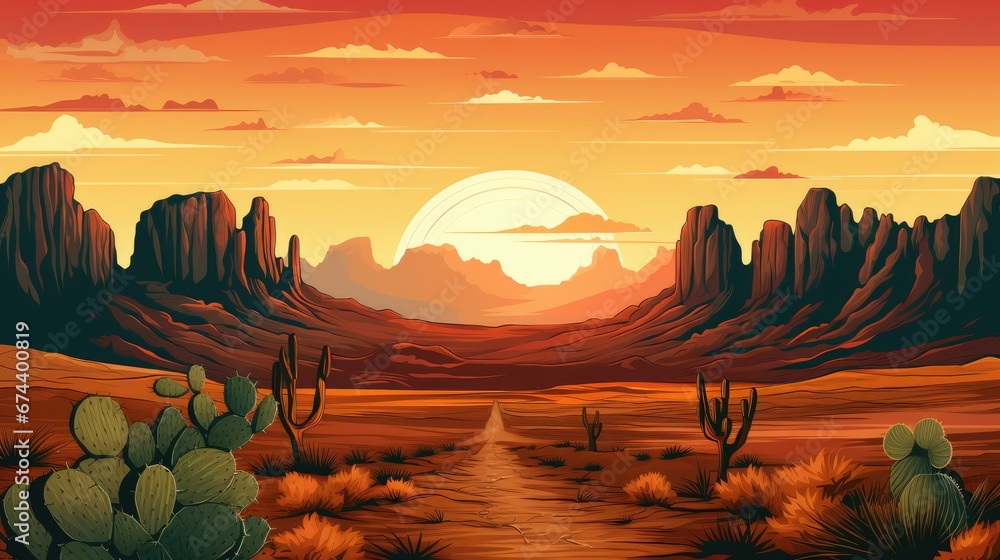 Wild Western Texas desert sunset with mountains and cactus. Generative AI - obrazy, fototapety, plakaty 