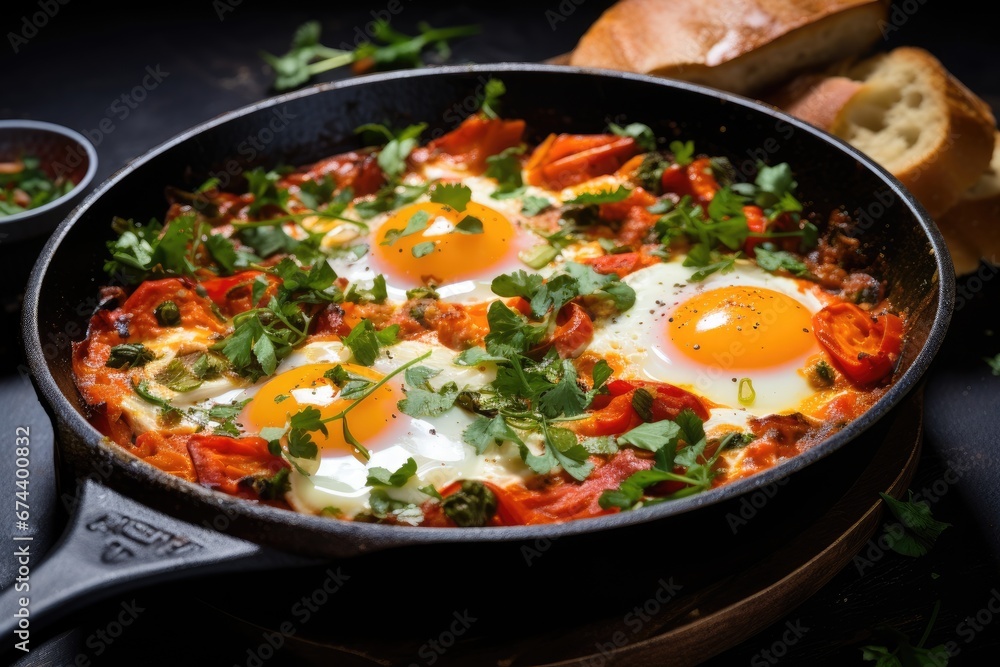 Traditional shakshuka with eggs, tomato and parsley in a iron pan. Israeli food Traditional shakshuka with eggs, tomato and parsley in a iron pan. Israeli food