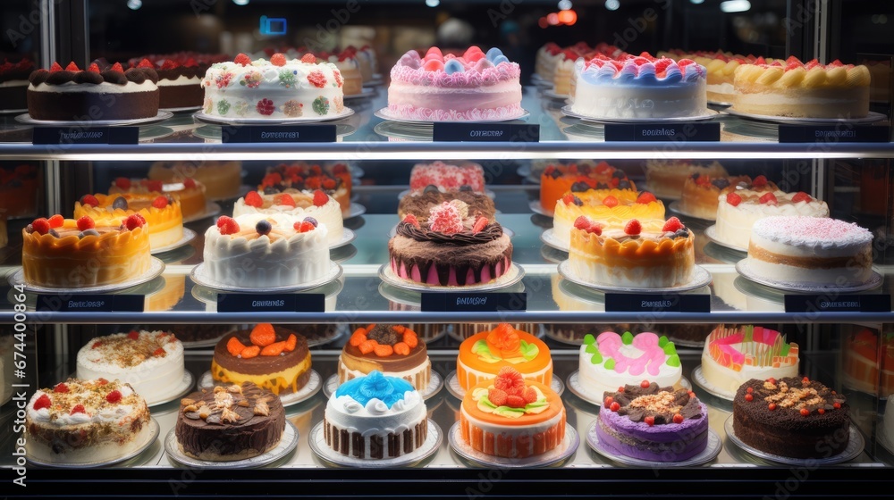 Assorted cakes in a shop window for sale