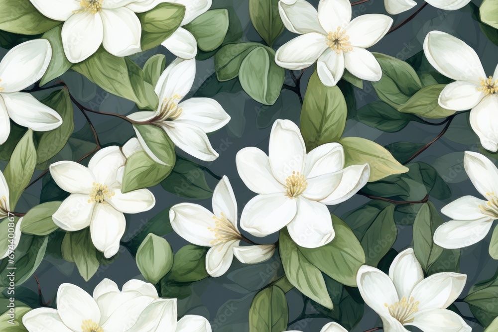 Seamless pattern of white jasmine flowers and green leaves. Watercolor painting Seamless pattern of white jasmine flowers and green leaves. Watercolor painting