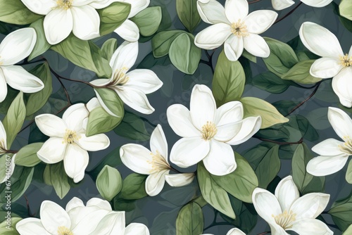 Seamless pattern of white jasmine flowers and green leaves. Watercolor painting