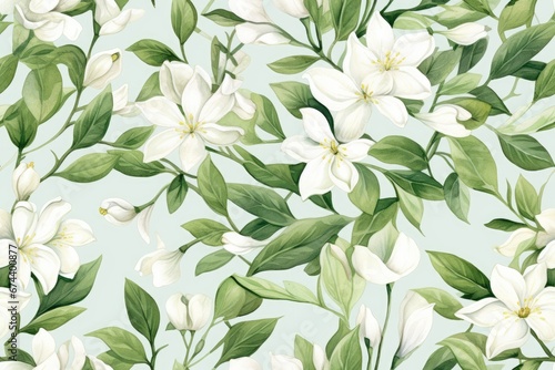 Seamless pattern of white jasmine flowers and green leaves. Watercolor painting