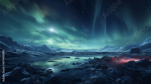 a scenic view in north pole at the night, aurora in the night sky, snow mountain, dramatic light and shadows, © Maizal