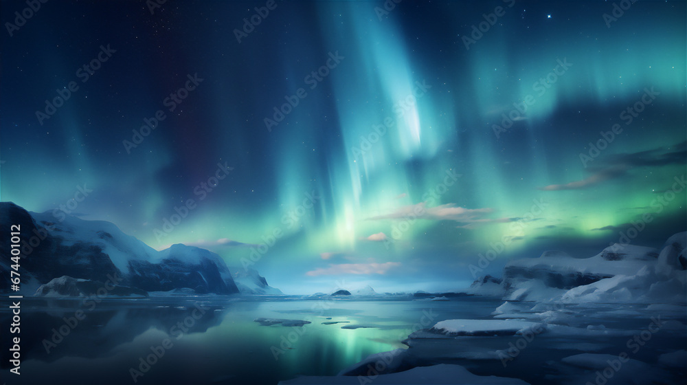 a scenic view in north pole at the night, aurora in the night sky, snow mountain, dramatic light and shadows, - obrazy, fototapety, plakaty 