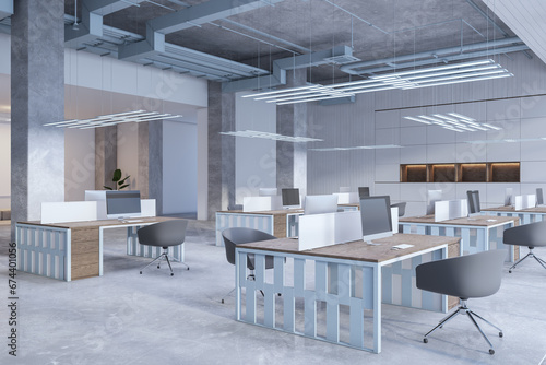 Modern warehouse office interior with furniture, concrete flooring and columns. 3D Rendering.