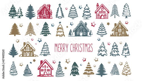 Christmas house and tree drawn illustrations	
