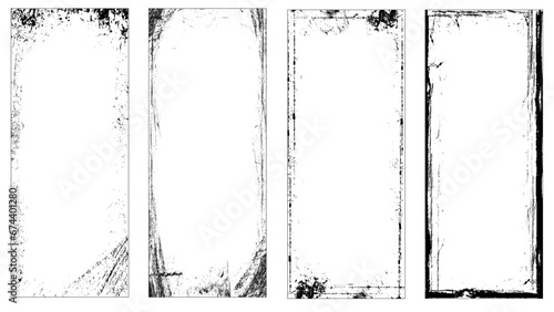 Grunge overlay textures with dust grain isolated on white background. Set of vector paint brush stroke, ink splash and grungy decoration elements for social media. Distressed vintage banner frame.