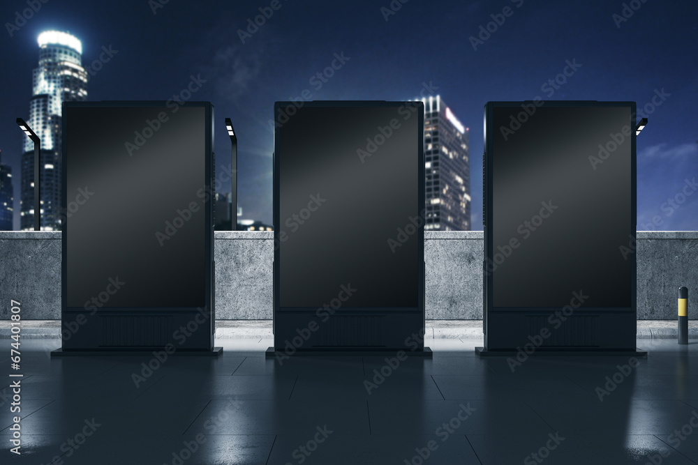 Empty three black outdoor billboard screens on night city background. Advertisement and commercial concept. Mock up, 3D Rendering. - obrazy, fototapety, plakaty 