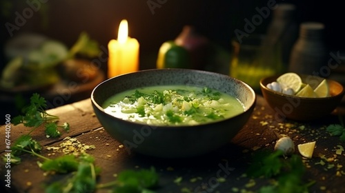 A steaming bowl of Chayote soup garnished with fresh herbs and spices.