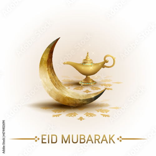 islamic greeetings eid mubarak card design with crescent moon and lantern
 photo