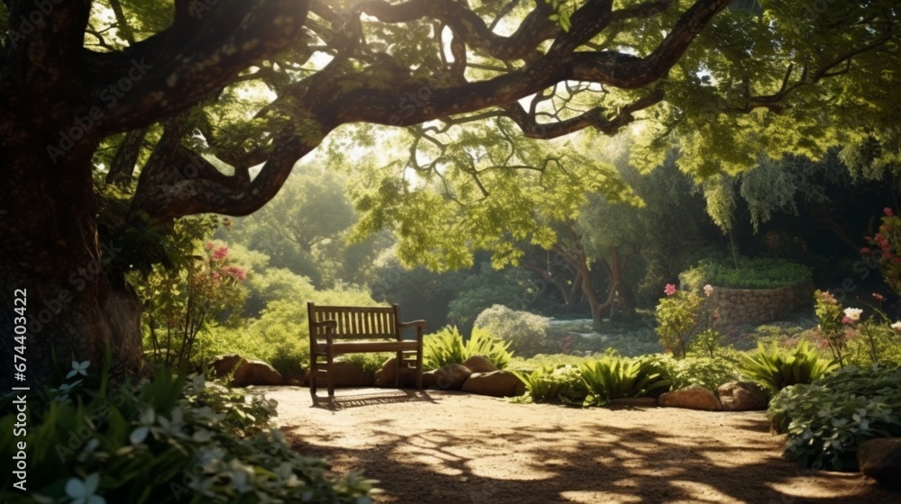 A tranquil garden scene with a Jabuticaba tree casting a beautiful shadow, creating a picturesque setting.