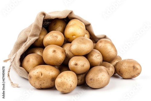 Open burlap bag of potatoes on white background