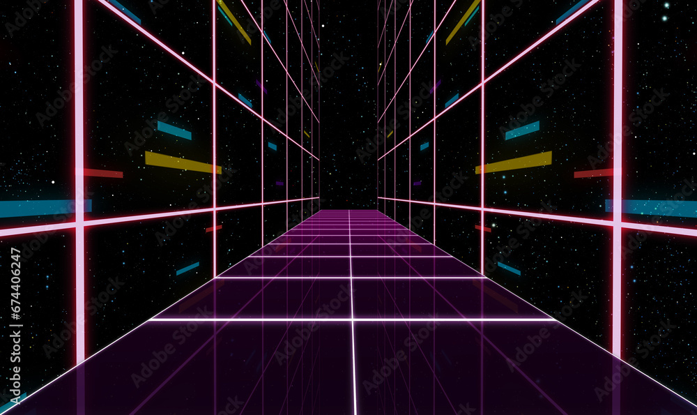 Retro Sci-Fi Background Futuristic Grid landscape of the 80`s. Digital Cyber Surface. Suitable for design in the style of the 1980`s. 3D illustration