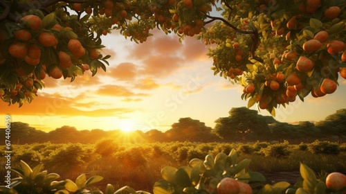 Longan orchard at sunset, with rows of trees heavy with fruit and a colorful sky in the background.