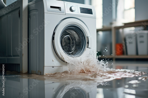 The washing machine broke down, water leaked on the floor. photo