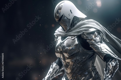 Futuristic white knight body. Male history game future sword. Generate Ai