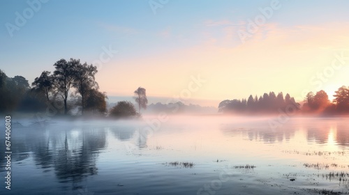 foggy peaceful dawn mist landscape illustration sunrise calm, tranquil water, trees natural foggy peaceful dawn mist landscape