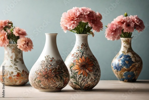 Beautifully painted off-white vase  with flowers on table 