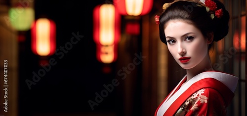 an asian geisha woman in traditional kimono with makeup, large copy space for text, banner wallpaper background