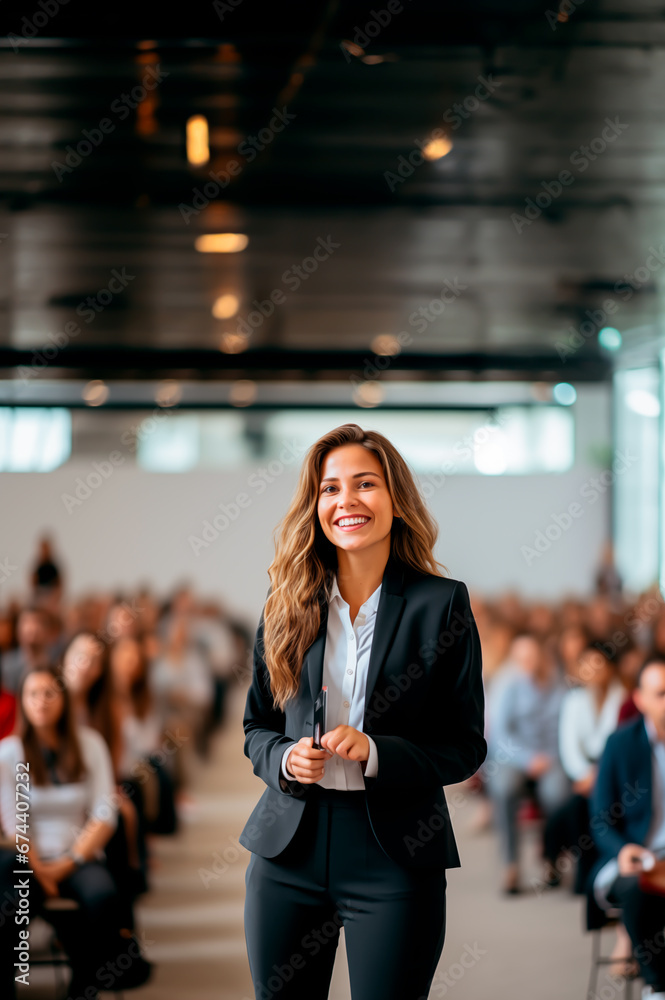 Female keynote speaker or influencer holding a motivational presentation to a live audience. Concept of speaking in front of people, perhaps as a leader or presenter. Shallow field of view. - obrazy, fototapety, plakaty 