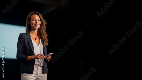 Female keynote speaker or influencer holding a motivational presentation to a live audience. Concept of speaking in front of people, perhaps as a leader or presenter. Shallow field of view. photo