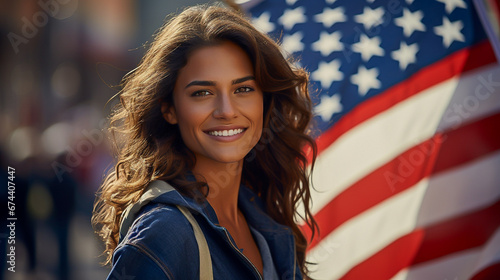 young beautiful girl on the background of the US flag, festival