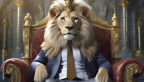 Lion dressed as a king sitting on a throne wearing a suit and tie looking away fantasy