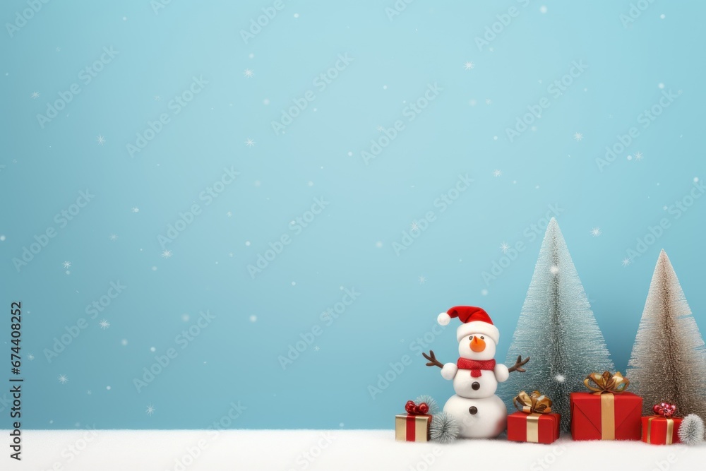Christmas and New Year holiday background. Xmas greeting card. Christmas banner with blank space for text, santa claus, deers, and snowman celebrate Christmas with giftboxes.