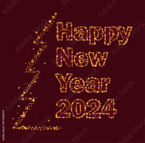 Illustration of a New Year's card, with a brilliant inscription Happy New Year 2024 and a silhouette of a Christmas tree on a dark background