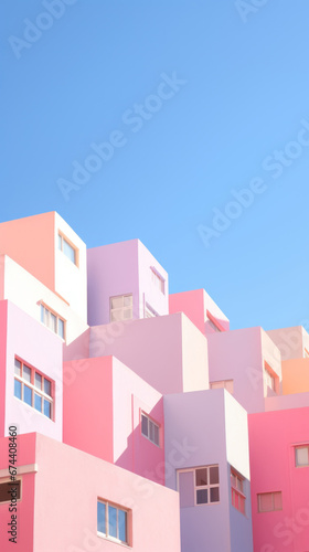 A photo of multiple colorful buildings, in the style of light pink, pastel colors. Minimalistic surrealism. 