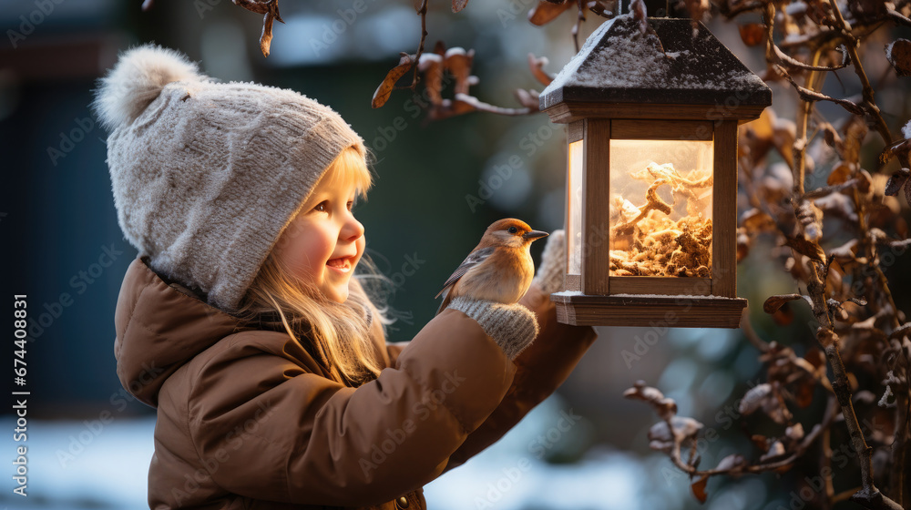 little girl in winter clothes hangs a bird feeder on a tree on a snowy day, Christmas, New Year, child, kid, childhood, postcard, animal care, emotional portrait, hat, light, smile, toddler, wood little girl in winter clothes hangs a bird feeder on a tree on a snowy day, Christmas, New Year, child, kid, childhood, postcard, animal care, emotional portrait, hat, light, smile, toddler, wood