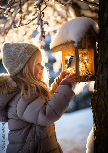 little girl in winter clothes hangs a bird feeder on a tree on a snowy day, Christmas, New Year, child, kid, childhood, postcard, animal care, emotional portrait, hat, light, smile, toddler, wood