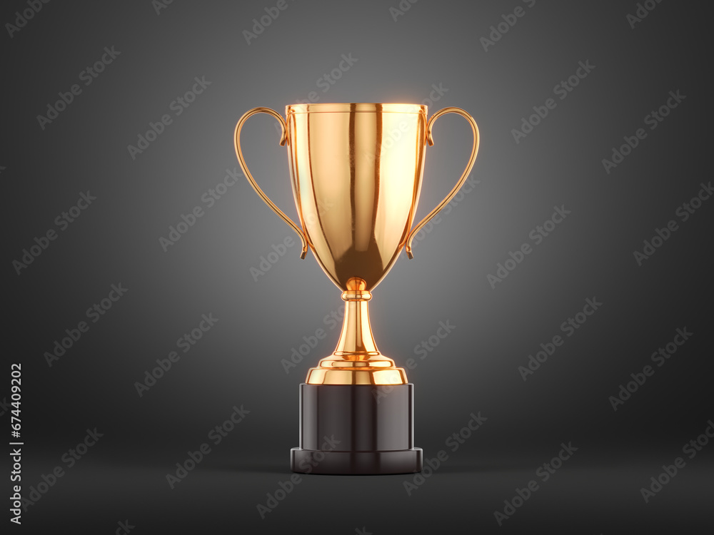 First place gold trophy cup on dark background with backlight. 3d render - obrazy, fototapety, plakaty 