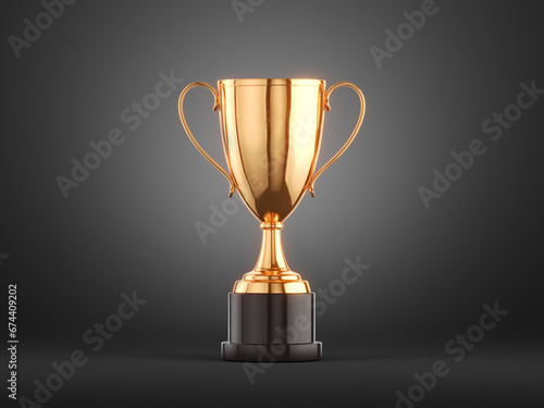 First place gold trophy cup on dark background with backlight. 3d render