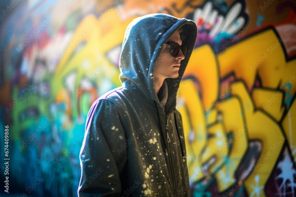 Young hood jacket graffiti. Modern style cool street man. Generate Ai - obrazy, fototapety, plakaty 