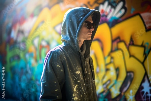 Young hood jacket graffiti. Modern style cool street man. Generate Ai