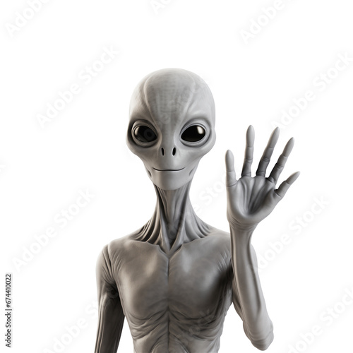 Gray Alien waving and greeting us, on transparent background. Ai generative.