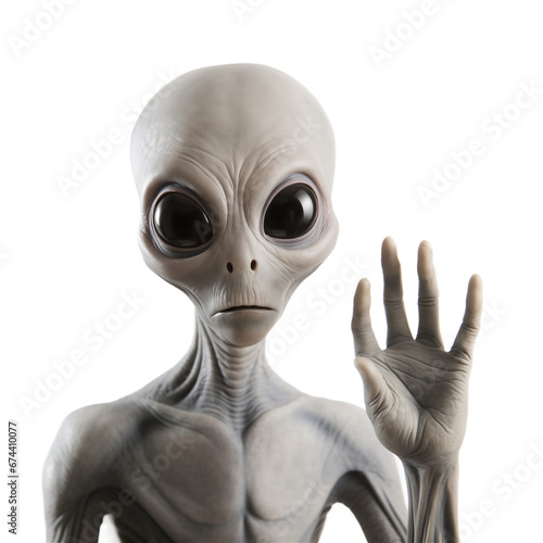 Gray Alien waving and greeting us, on transparent background. Ai generative.