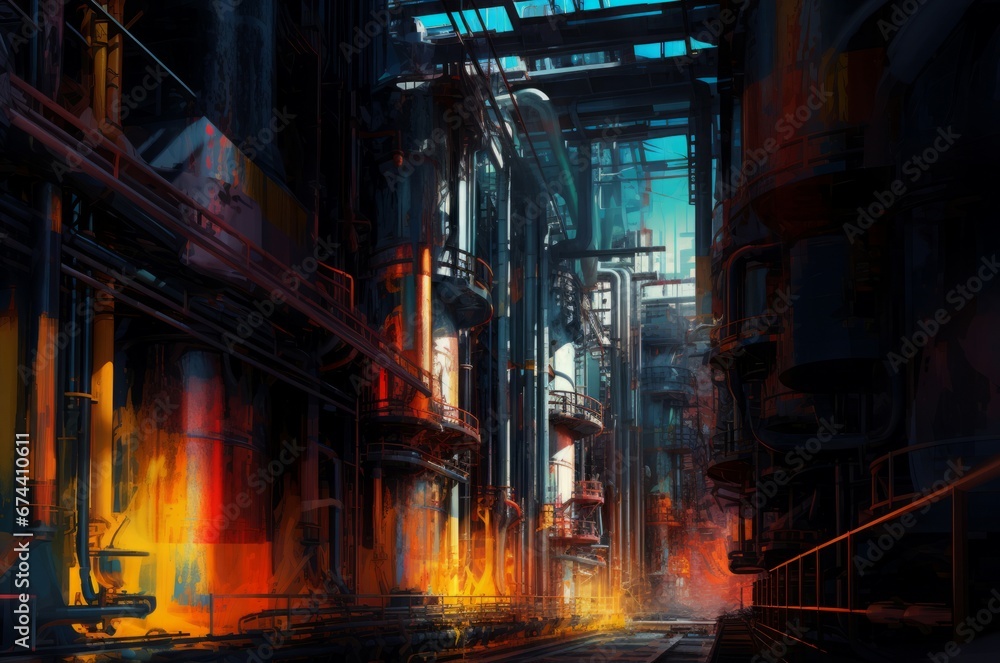 Obraz premium Industrial factory environment. Metal power plant factory. Generate Ai