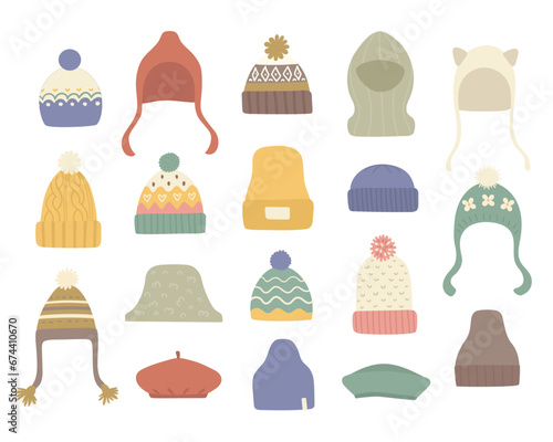 Set of different hats for the winter and fall. Colored and patterned hats. Warm and fashionable accessory
