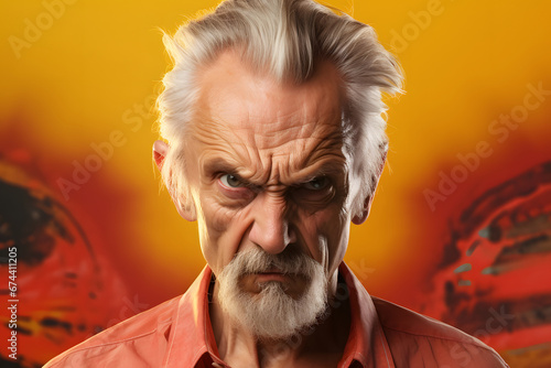 Angry senior Caucasian man, head and shoulders portrait on yellow background. Neural network generated photorealistic image. Not based on any actual person or scene.