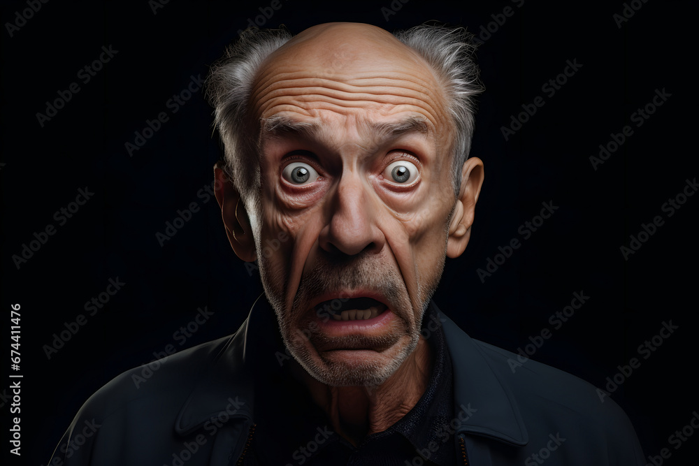 Surprised senior Caucasian man on black background. Neural network generated image. Not based on any actual person or scene. Surprised senior Caucasian man on black background. Neural network generated image. Not based on any actual person or scene.