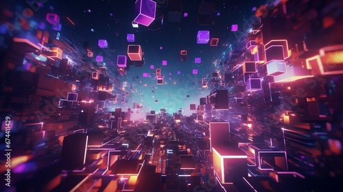 A chaotic burst of geometric shapes and neon lights, as if the digital world came alive, in
