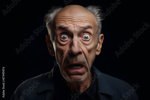 Surprised senior Caucasian man on black background. Neural network generated image. Not based on any actual person or scene.
