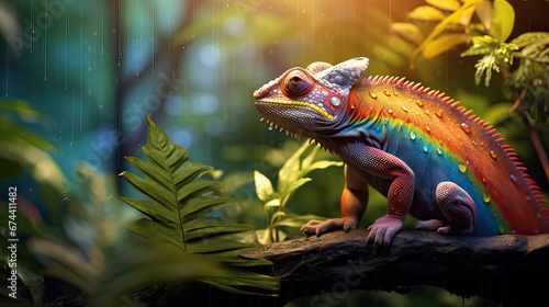 A peaceful moment of a chameleon basking under a radiant  fantastical rainbow  Ai Generative  
