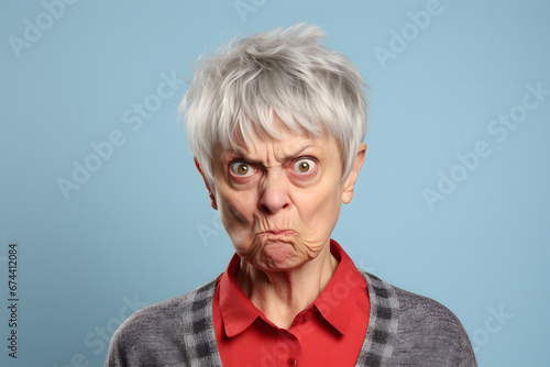 scowl senior Caucasian woman, head and shoulders portrait on blue background. Neural network generated image. Not based on any actual person or scene.