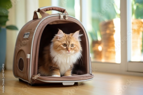 Cute cat sitting in a travel pet carrier. AI generative photo